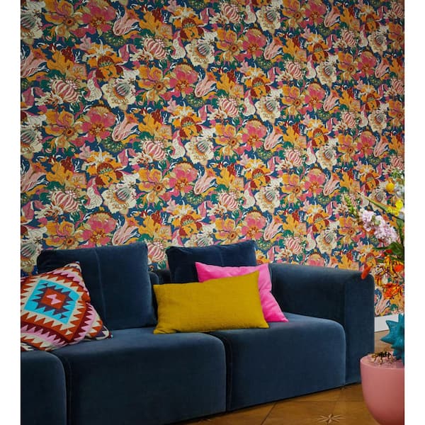 Odisha Orange Jacobean Floral Expanded Vinyl Non-Pasted Wallpaper Roll