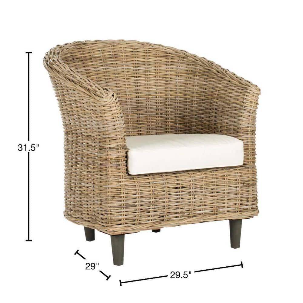 Natural Unfinished Rattan Barrel Accent Chair with White Cushion