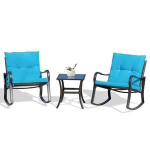 3-Piece Metal and Wicker Outdoor Bistro Set Rocking Chair Set with Blue Cushion