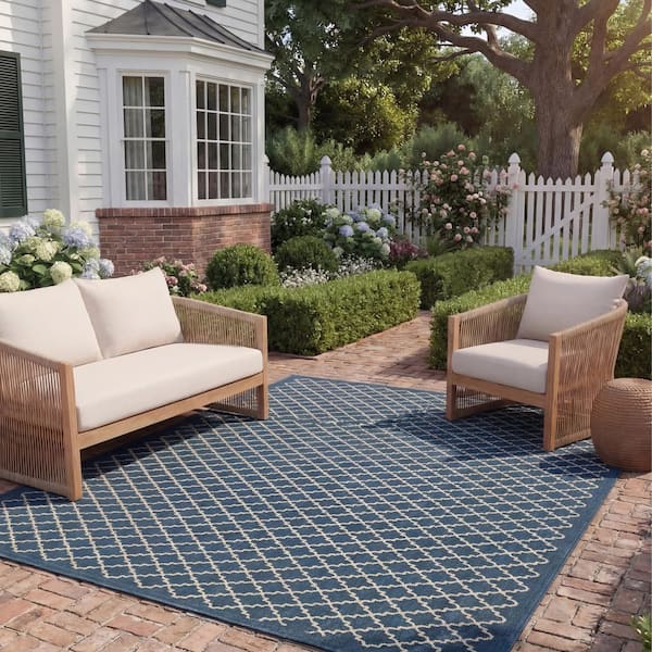 Courtyard Navy/Beige 8 ft. x 11 ft. Geometric Indoor/Outdoor Patio Area Rug