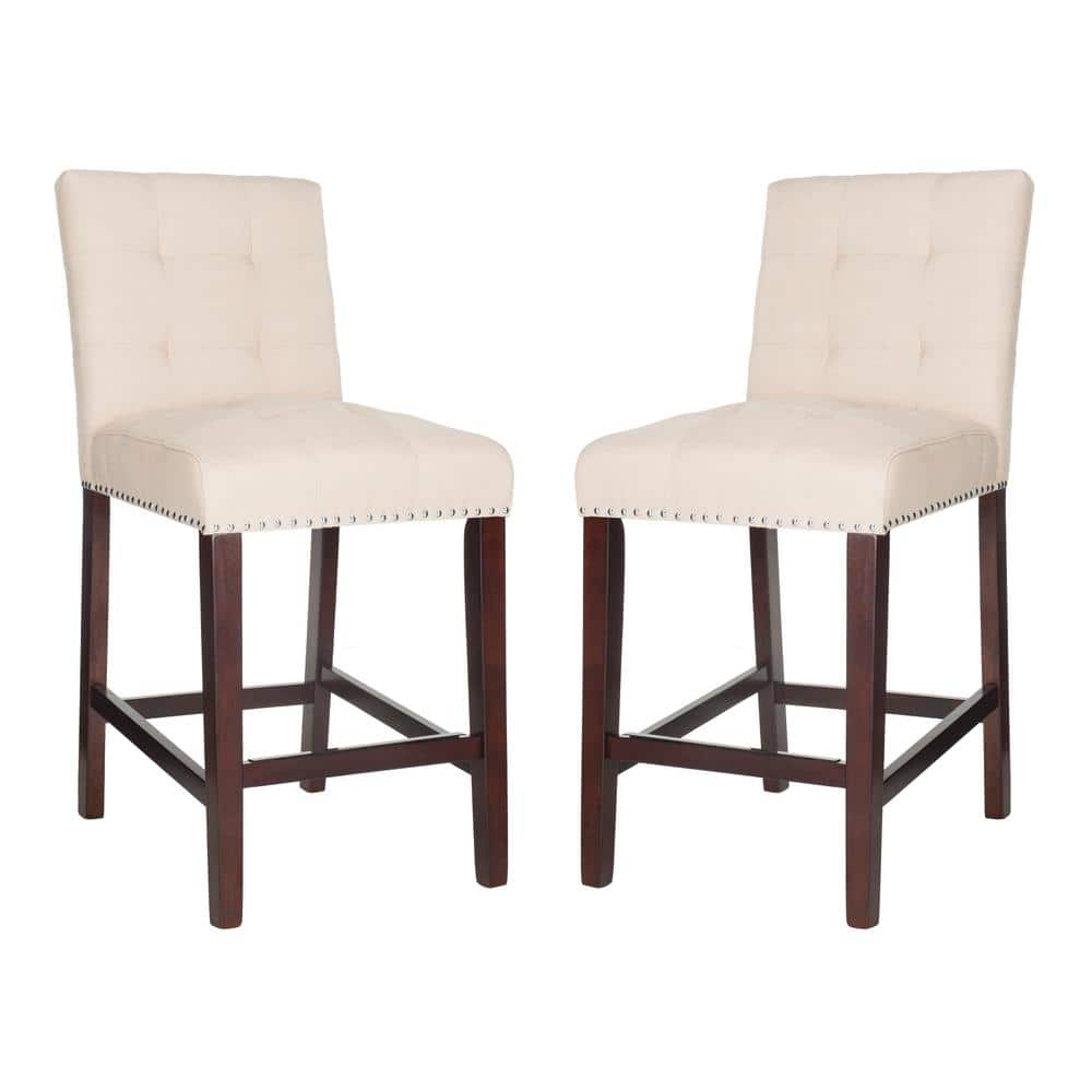Beige Tufted Linen Transitional Counter Stool with Chrome Accents, Set of 2
