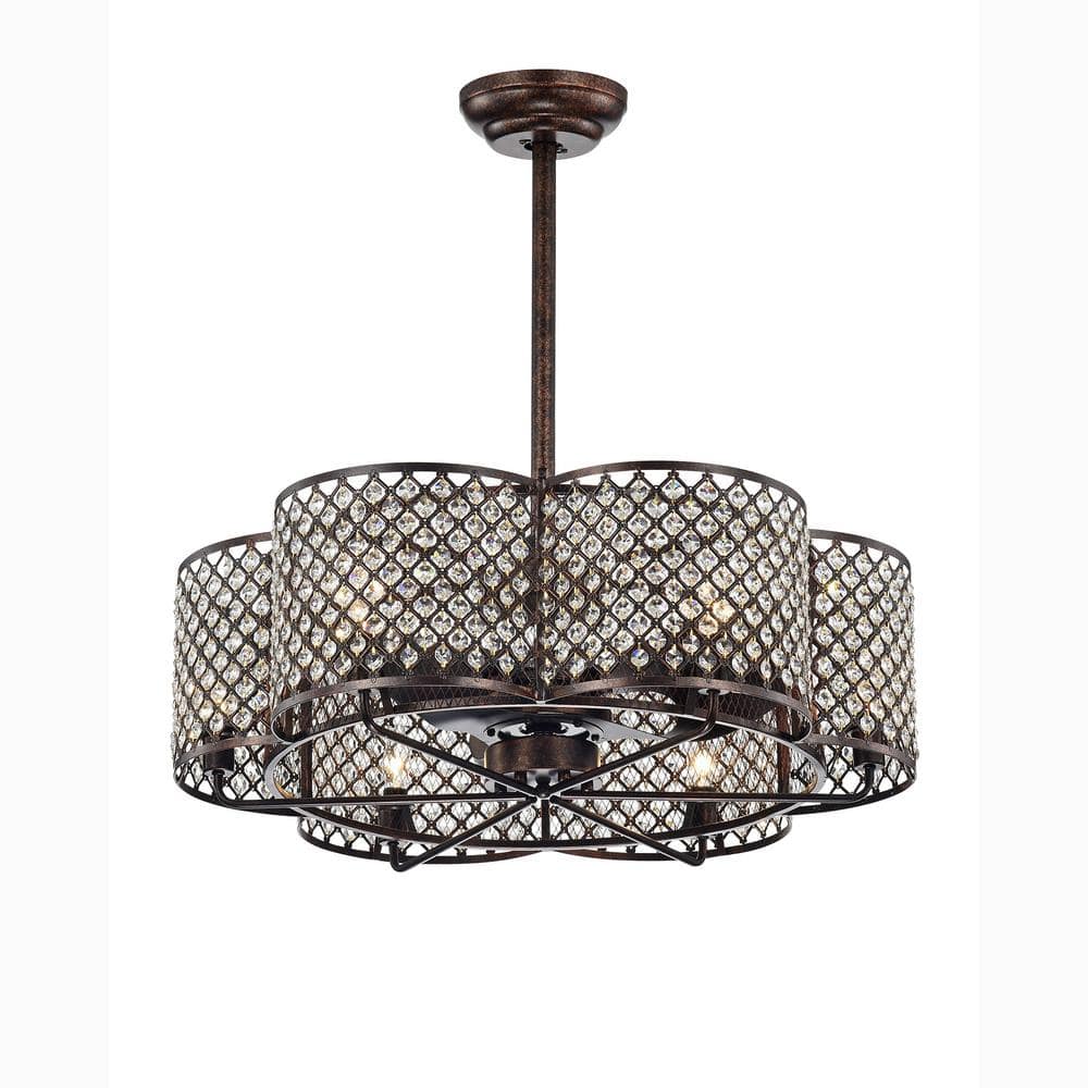 30 in. Rustic Brown Indoor/Outdoor Crystal Flower Caged Ceiling Fan with Re
