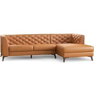 Fortuna 107 in. W Square Arm 2-piece L-Shaped Right Facing Genuine Leather Corner Sectional Sofa in Cognac Tan (Seats 4)