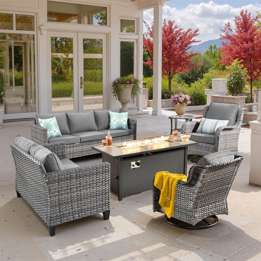 XIZZI Muse 6-Pieces Wicker Outdoor Patio Rectangular 54 in. Fire