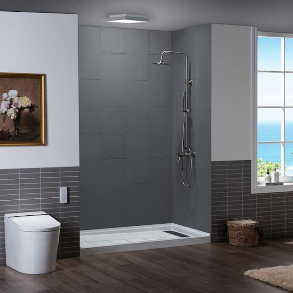 WOODBRIDGE 36 in. x 60 in. x 75 in. Solid Surface 3-Piece Easy Up Adhesive Alcove Shower Wall Surround in Grey