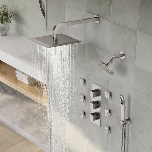 3-Handle 5-Spray Shower Faucet 2.5 GPM with Body Spray, Adjustable Flow Rate, Adjustable Heads in Brushed Nickel