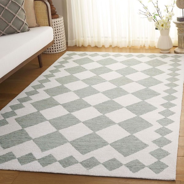 Ebony 3 ft. x 5 ft. Green/Ivory Geometric Border Diamond Area Rug