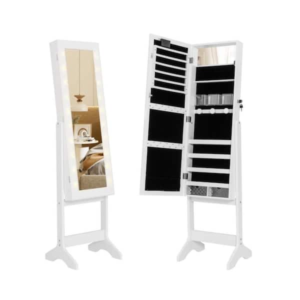 16 in. x 61.5 in. White Freestanding Lockable MDF Jewelry Armoire Storage Organizer with Mirror and Lights