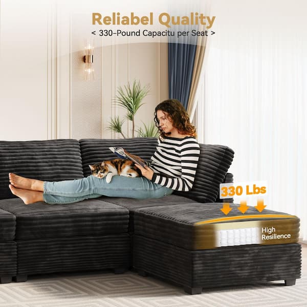 Allwex 130 in. Square Arm Modern 8-Piece Plush Corduroy U-Shape Free Combination Modular Corner Sectional Sofa in Black