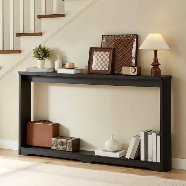 70 in. Narrow Rectangle Black MDF Console Table with Corrugated Texture-Entryway, Hallway and Behind Sofa Storage Table