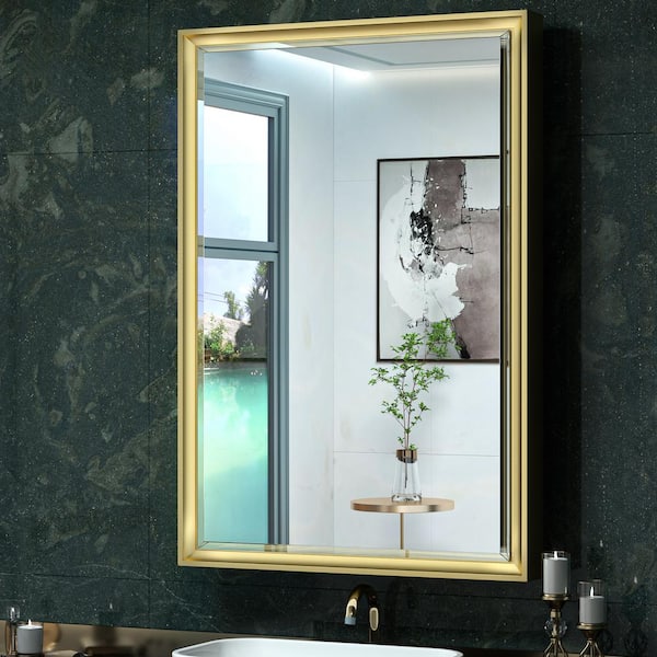 KeonJinn 24 in. W x 36 in. H Rectangular Aluminum Alloy Gold Framed Recessed/Surface Mount Medicine Cabinet with Mirror