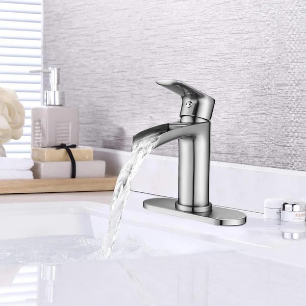 Unbranded 1 Handle 1 or 3 Hole Waterfall Bathroom Faucet Brass Vanity Faucet with Deck and Overflow Pop Up Drain in Brushed Nickel