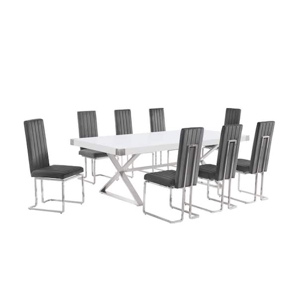 Miguel 9-Piece Rectangle White Wood Top Silver Stainless Steel Dining Set with 8 Dark Grey Velvet Chairs