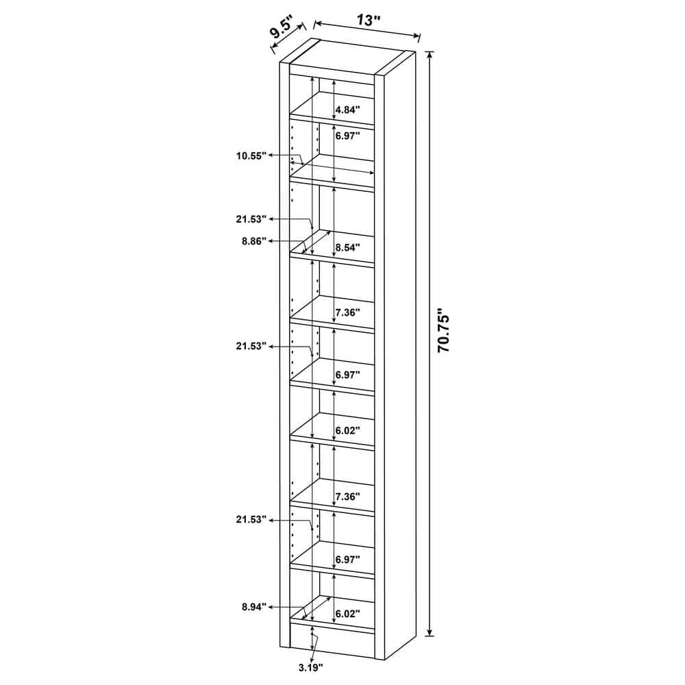 Cappuccino Brown Adjustable 9-Shelf Narrow Bookcase