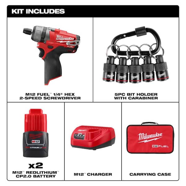 M12 FUEL 12V 1/4 in. Hex 2-Speed Screwdriver Kit w/ (2) 2. 0Ah Batteries, Case with 5-Pc Carabiner Hex Holder