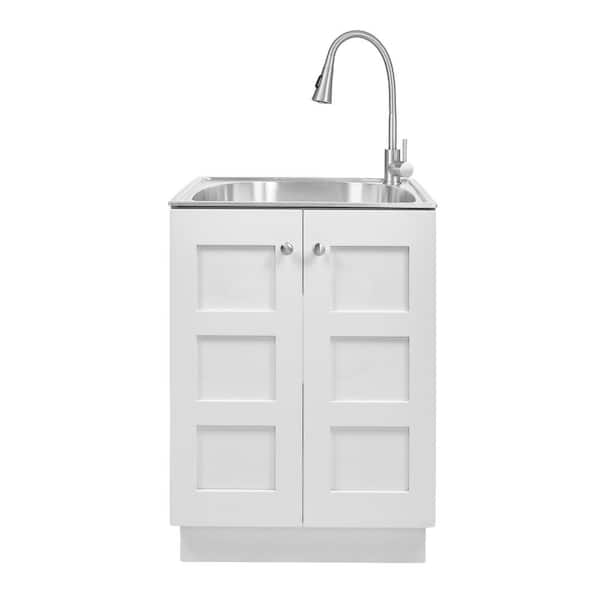 24 in. W x 21 in. D x 34 in. L Stainless Steel Laundry Sink with Faucet and Double Doors Cabinet in White