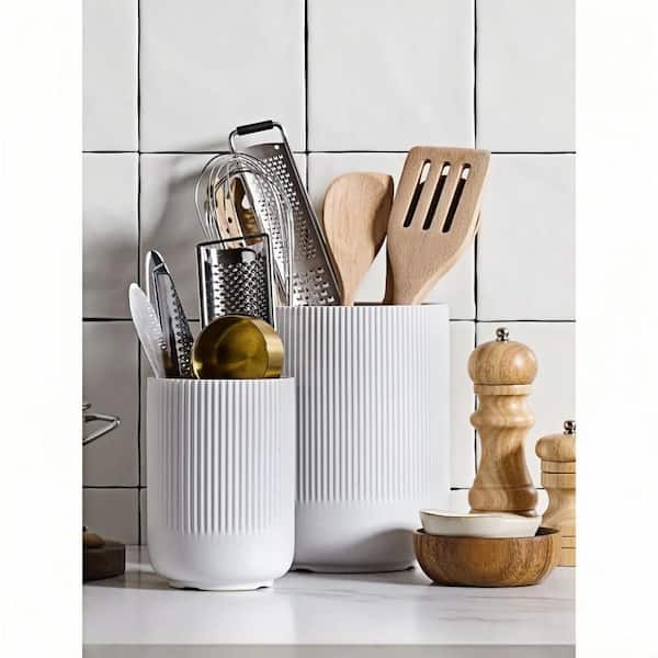7.3 in. x 5.4 in. White Ceramic Utensil Holders for Countertop, Kitchen Counter Decor and Spatula Storage (2-Pack)
