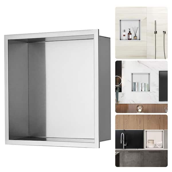 13 in. W x 13 in. H x 4 in. D Shower Niche 304 Stainless Steel Wall-Inserted Niche Recessed Double Shelves in Silver