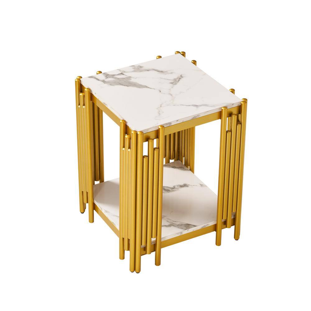 Modern Gold Square Wood Narrow Side Table, Faur Marbling End Table Beside Table, Nightstand with 2-Tier Storage Shelves