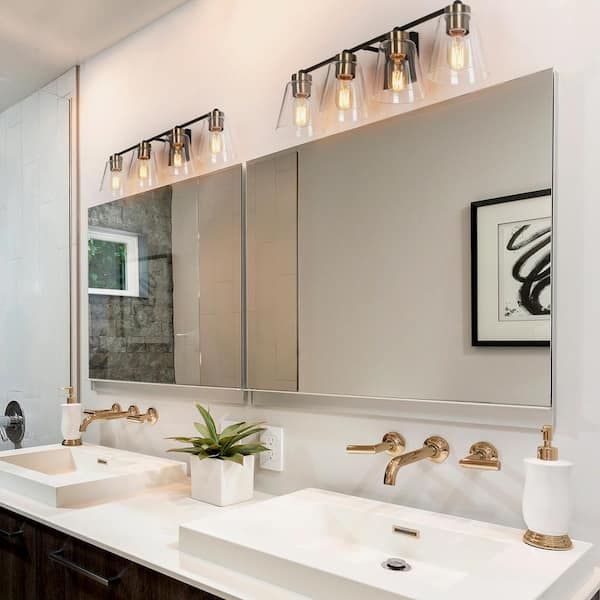Modern Bell Bathroom Vanity Light 4-Light Black and Brass Wall Sconce Light With Clear Glass Shades