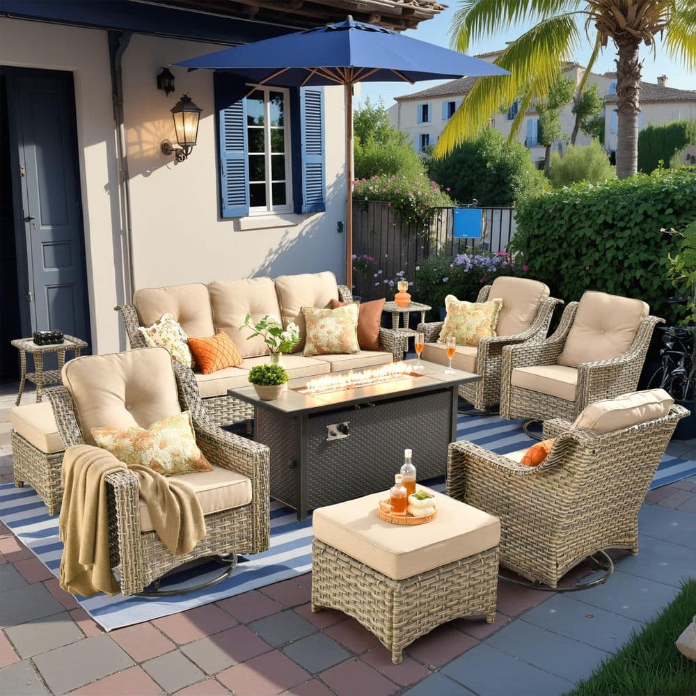 Cherry 10-Piece Wicker Outdoor Furniture Patio Fire Pit Conversation Sofa Set with Swivel Chairs and Beige Cushions price history on PriceWatchPro