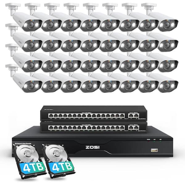 4K UHD 32-Channel 8TB POE NVR Home Security Camera System with 32 Wired 8MP Outdoor Bullet IP Surveillance Cameras