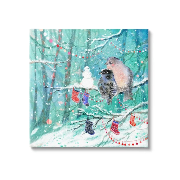 Stupell Industries Birds with Winter Stocking byVerbrugge Watercolor 1-Piece Unframed Graphic Print Animal Poster Art Print 24 in. x 24 in.