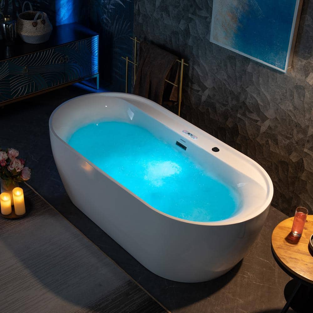 72" White Acrylic Freestanding Whirlpool Tub with Matte Black Trim