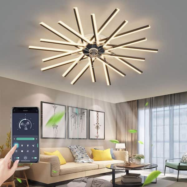 Gloweer 45 in. Black Smart Flush Mount Ceiling Fan with Light, Remote ...