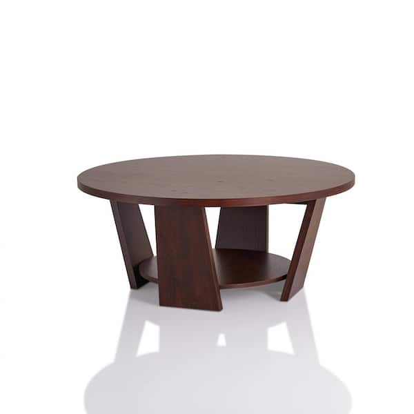 Furniture of America Algar 36 in. Vintage Walnut Medium Round Wood Coffee Table with Shelf
