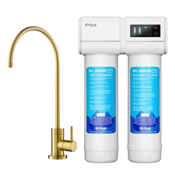 KRAUS Purita 2-Stage Under-Sink Filtration System with Single Handle Drinking Water Filter Faucet in Brushed Brass