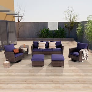 6-Piece Brown Wicker Outdoor Seating Sofa Set with Swivel Rocking Chairs, Navy Blue Cushion