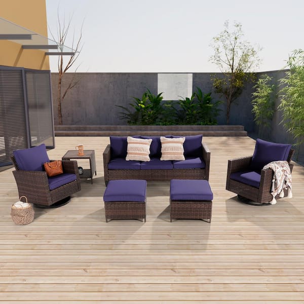 JOYESERY 6-Piece Brown Wicker Outdoor Seating Sofa Set with Swivel ...