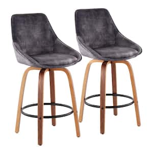 Diana 25.50 in. Solid Back Counter Height Stool in Grey Velvet and Walnut Wood with Round Black Footrest (Set of 2)