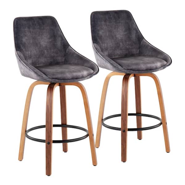 Lumisource Diana 25.50 in. Solid Back Counter Height Stool in Grey Velvet and Walnut Wood with Round Black Footrest (Set of 2)