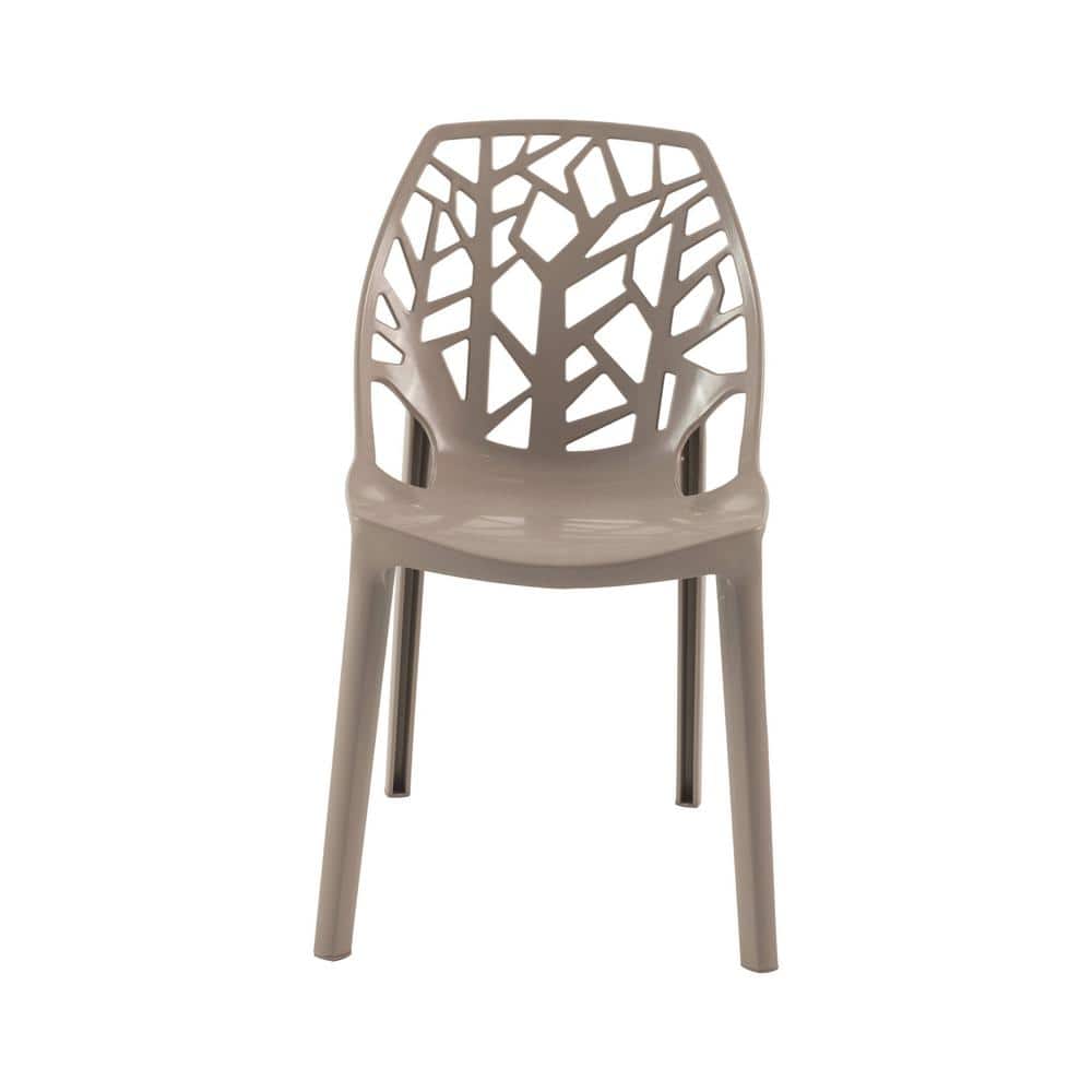 Cornelia Solid Taupe Stackable Plastic Side Chair with Tree Design