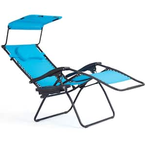 Folding Recliner Steel Outdoor Lounge Chair With Shade Canopy Cup Holder in Blue (Set of 1)