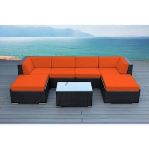 Ohana Black 7-Piece Wicker Patio Seating Set with Supercrylic Orange Cushions
