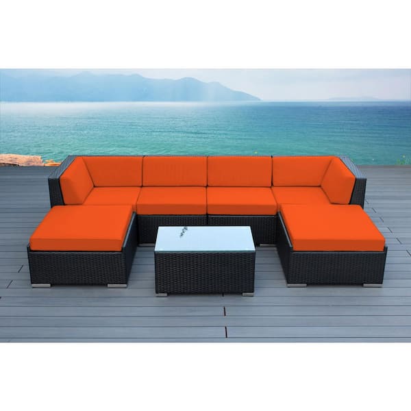 Ohana Depot Ohana Black 7-Piece Wicker Patio Seating Set with Supercrylic Orange Cushions