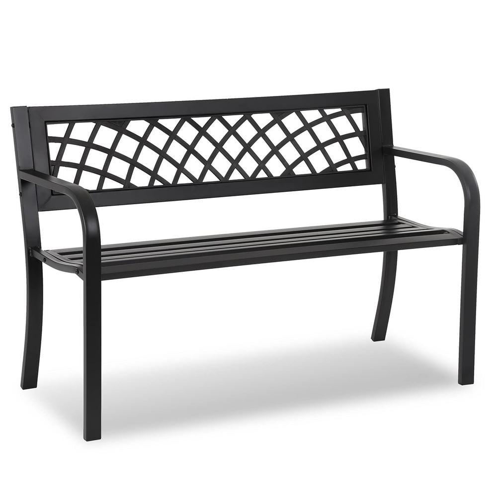 Lattice Black Metal Outdoor Patio Bench