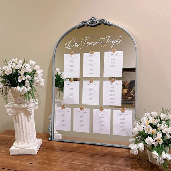 32.1 in. W x 24.1 in. H Silver Metal Arch Baroque Wedding Elegant Decorative Wall Mirror
