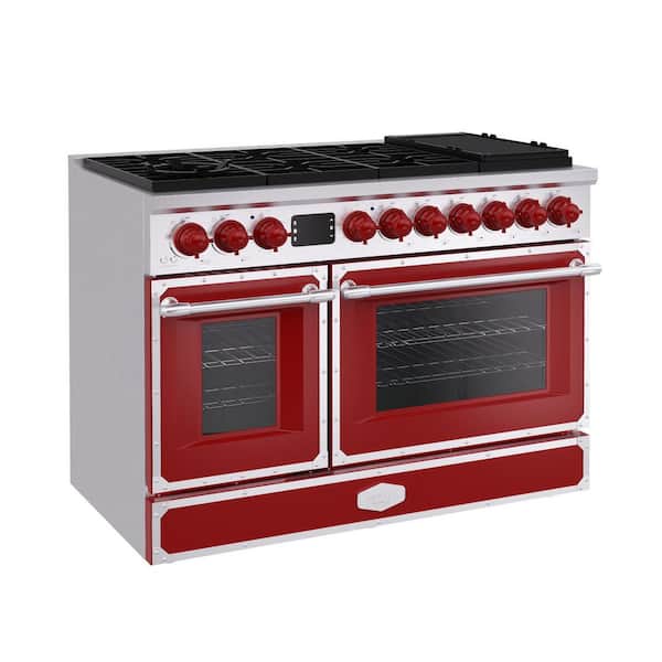 48 in. Freestanding Gas Range with 8 Burners, Double Convection Oven and Griddle, in Flame Red with Stainless Steel