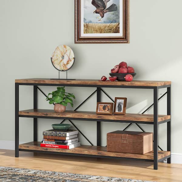 Turrella 55 in. W Rustic Brown 3-Tiers Narrow Long Rectangle Wood Console Table with Storage Shelves for Entryway Sofa