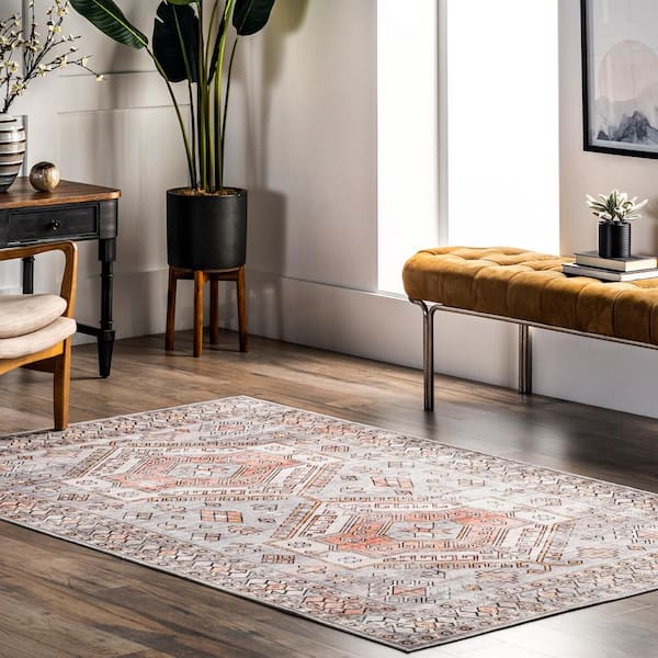 Mae Machine Washable Tribal Motif Light Grey 4 ft. x 6 ft. Indoor Area Rug