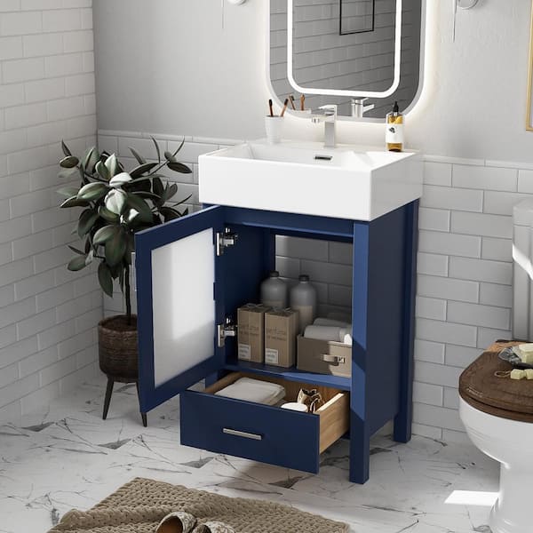 20.28 in. W Single Sink Freestanding Bath Vanity in Blue with White Ceramic Top, 1 Doors and 1 Drawers