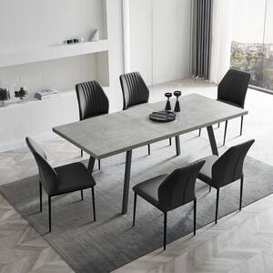 78.7 in. Rectangle Mid-Century Extendable Kitchen Table for Dining Room with 4 Steel Legs and 6 Black Solid Back Chairs