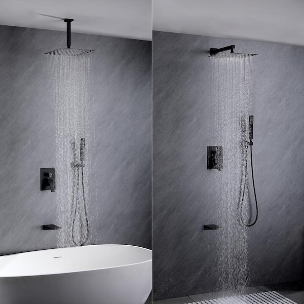 Single Handle 1-Spray Rain 12 in. Square Bathroom Tub and Shower Faucet in Matte Black (Valve Included)