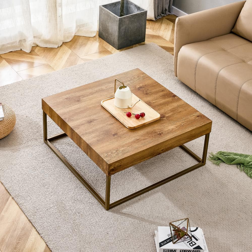 31.5 in. Modern Brown Square Wood-Top Coffee Table with Metal Legs, Suitabl