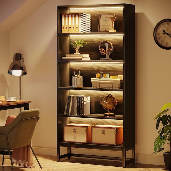 Eulas 70.8 in. Tall Black Wood 5-Shelf Standard Bookcase with Heavy-duty Metal Support, Heavy Duty Library Bookshelf
