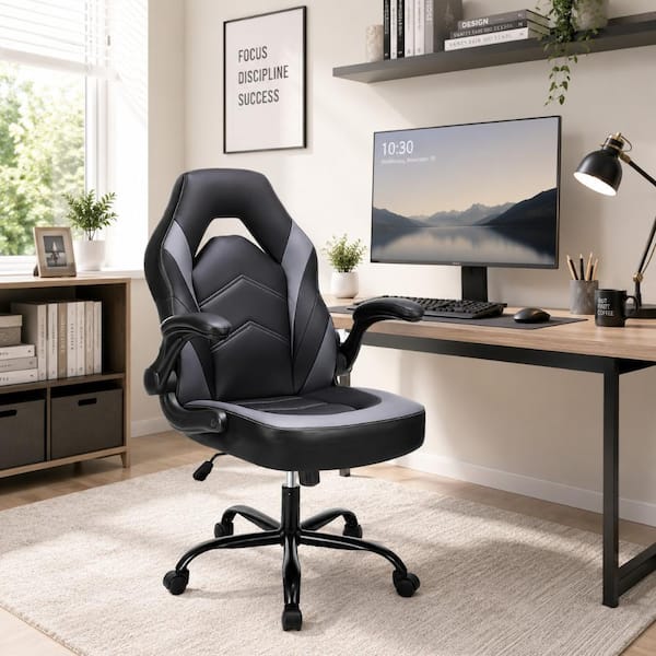 PU Leather Adjustable Height Ergonomic Computer Desk Gaming Chair in Black Gray with Flip-up Armrest for Adults, Kids